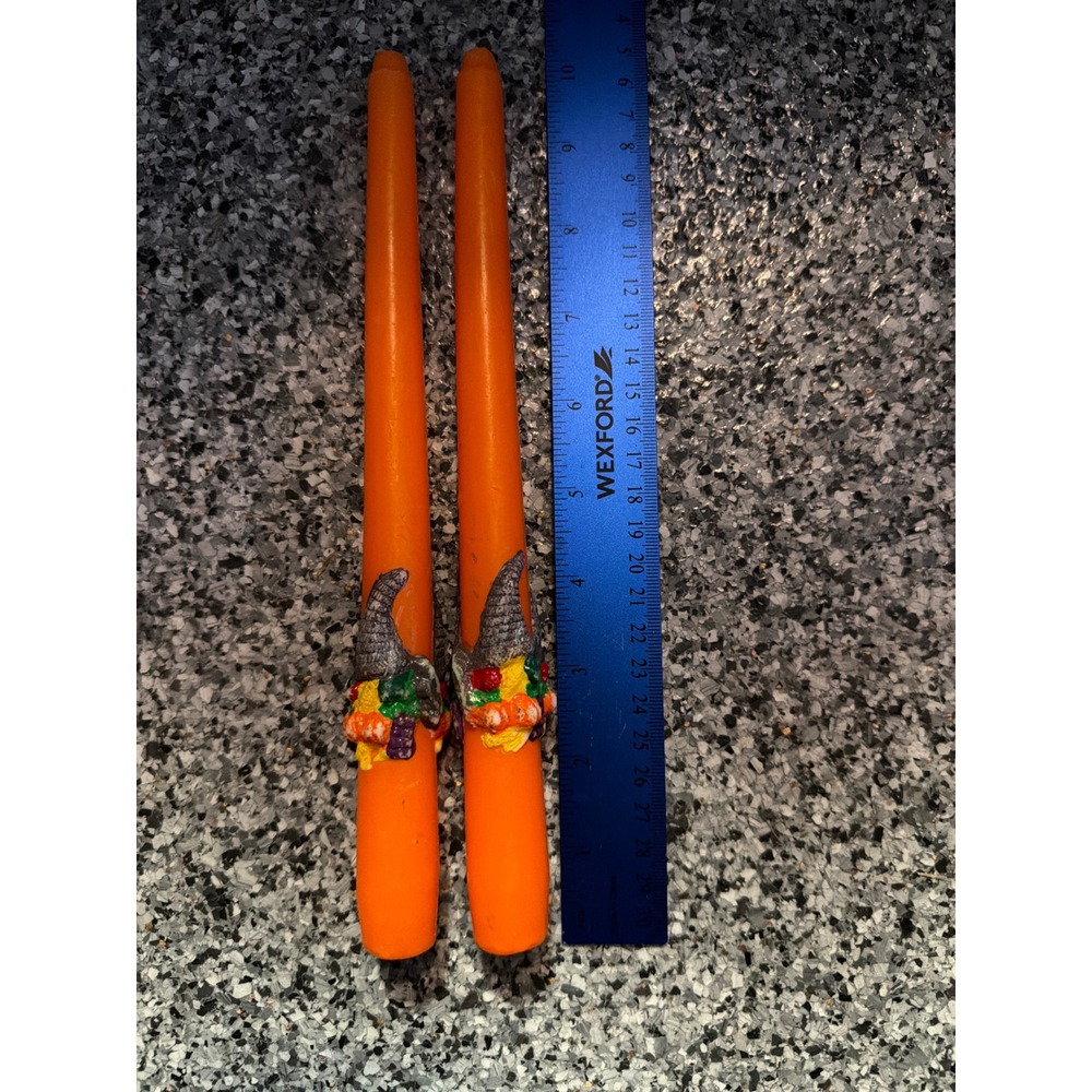 Vintage Thanksgiving Cornucopia Orange Taper Candles Set of 2 Harvest Decor 10in